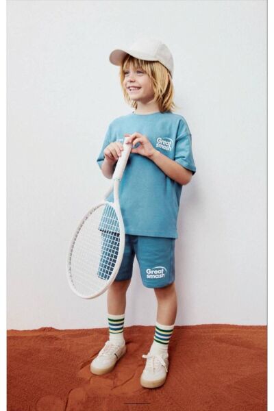 Moon Home Collection Mavi Erkek Tenis Temalı Alt Üst Çocuk Tişört ve Şort Eşofman Seti Mavi 2-3 Yaş  Erkek