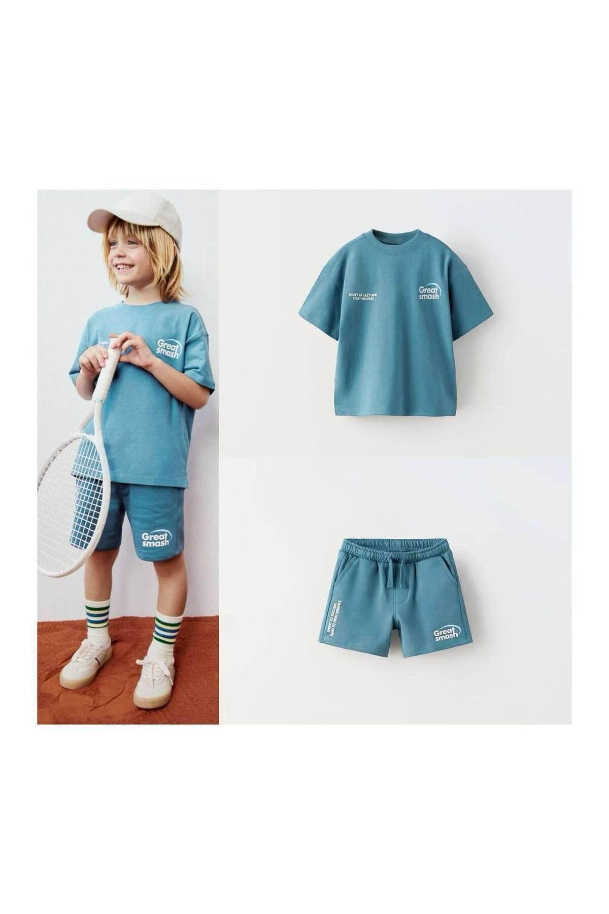 Moon Home Collection Mavi Erkek Tenis Temalı Alt Üst Çocuk Tişört ve Şort Eşofman Seti Mavi 2-3 Yaş  Erkek
