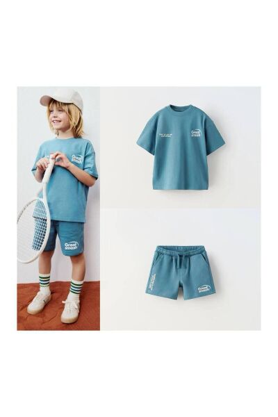 Moon Home Collection Mavi Erkek Tenis Temalı Alt Üst Çocuk Tişört ve Şort Eşofman Seti Mavi 2-3 Yaş  Erkek