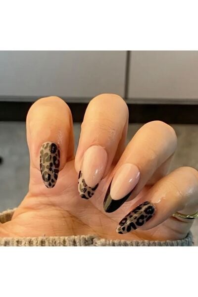 Vanilla Avenue Siyah Badem French Leopar Kendinden Yapışkanlı Takma Tırnak 24 Adet Siyah