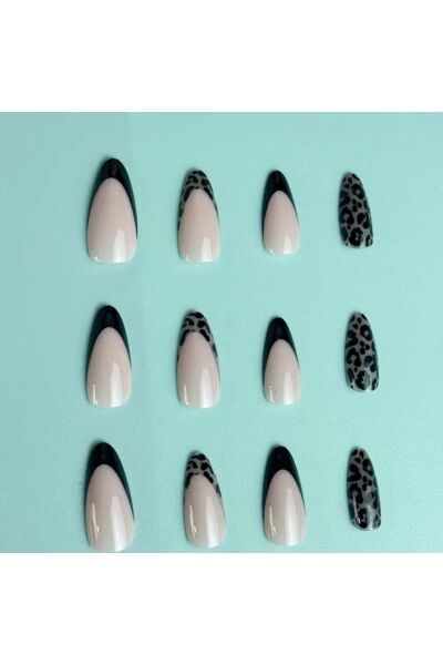 Vanilla Avenue Siyah Badem French Leopar Kendinden Yapışkanlı Takma Tırnak 24 Adet Siyah