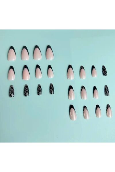 Vanilla Avenue Siyah Badem French Leopar Kendinden Yapışkanlı Takma Tırnak 24 Adet Siyah