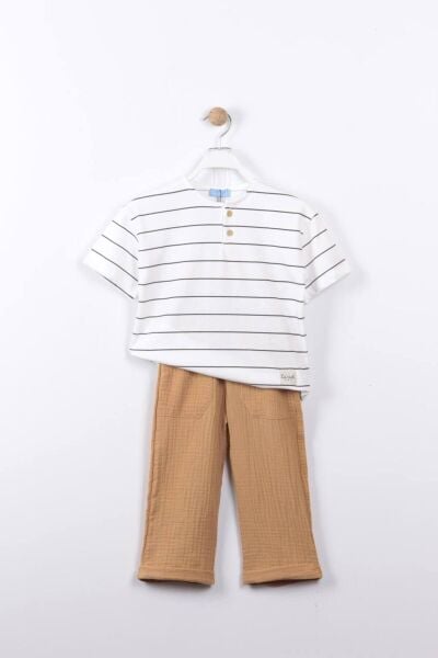 Vanilla Avenue Müslin Kumaş Çizgili Erkek Çocuk Baskılı Pamuklu Tişört Pantolon Alt-üst Takım Bej 6-7 Yaş  Erkek