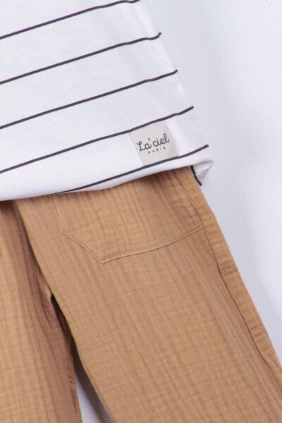 Vanilla Avenue Müslin Kumaş Çizgili Erkek Çocuk Baskılı Pamuklu Tişört Pantolon Alt-üst Takım Bej 6-7 Yaş  Erkek