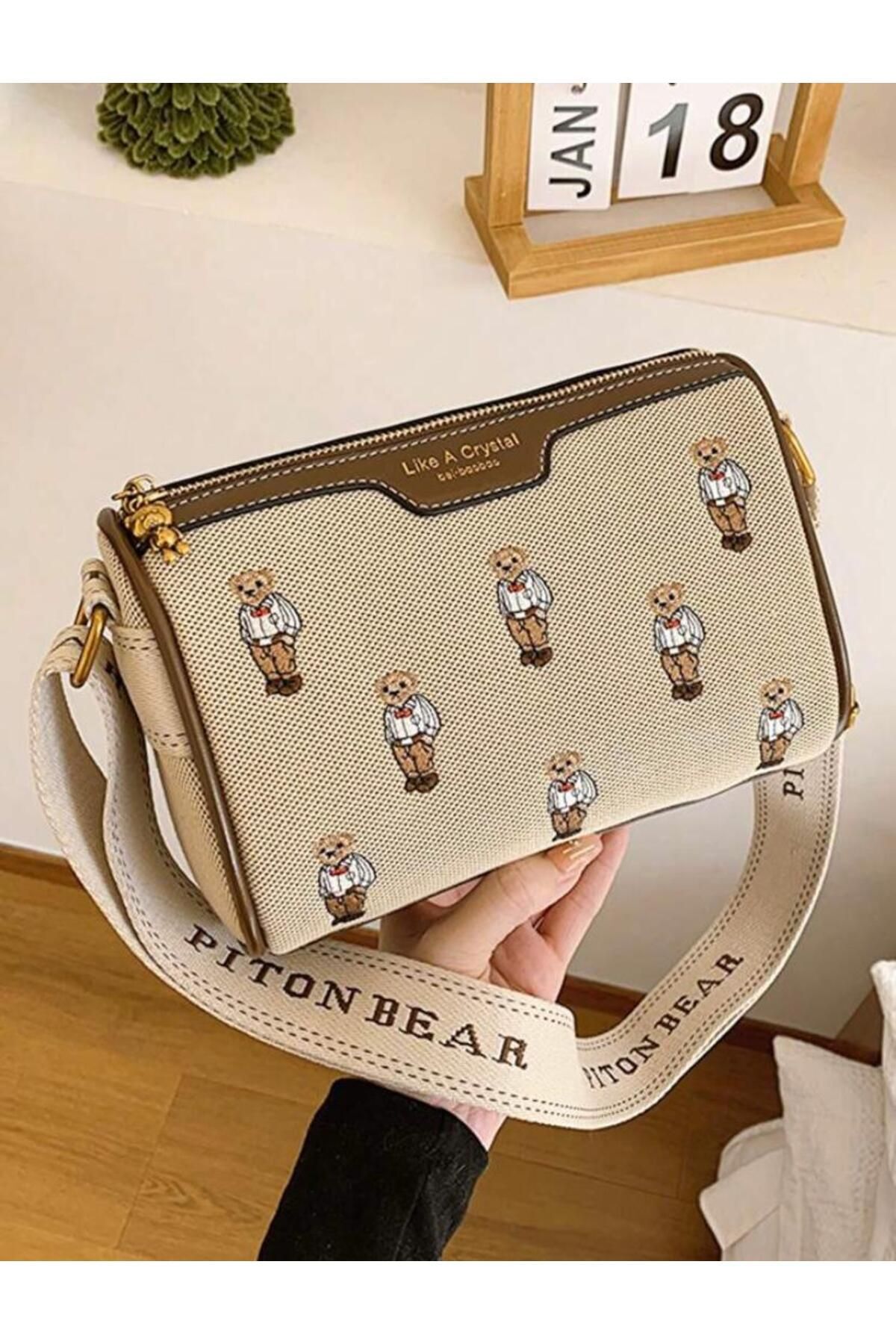 Moon Home Collection Kahverengi Suni Deri Detaylı Bear Baskılı Askılı Kadın Çanta