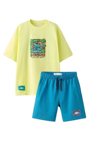 Vanilla Avenue Yeşil Neon Erkek Çocuk Baskılı Pamuklu Tişört Şort Alt-üst Takım Yeşil 13-14 Yaş  Unisex