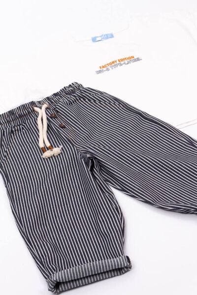Vanilla Avenue Unisex Çizgili Çocuk Yazı Detaylı Yazlık Pamuklu Tişört Pantolon Alt-üst Takım Beyaz 2-3 Yaş  Unisex