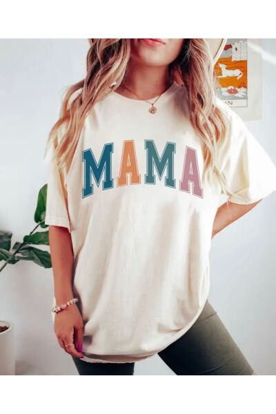 Vanilla Avenue Renkli Mama Yazılı Baskılı Beyaz Oversize Kadın Tişört M Beden