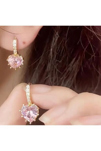Vanilla Avenue Pembe Kalp Şeklinde Işıltı Detaylı Zarif Halka Kübik Zirkonya Kadın Küpe Pembe Tek Ebat  Kadın / Kız