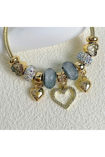 Moon Home Collection Love Heart Kalp Detaylı Altın Sarısı Zarif Paslanmaz Çelik Charm Kadın Bileklik Mavi Tek Ebat  Kadın / Kız