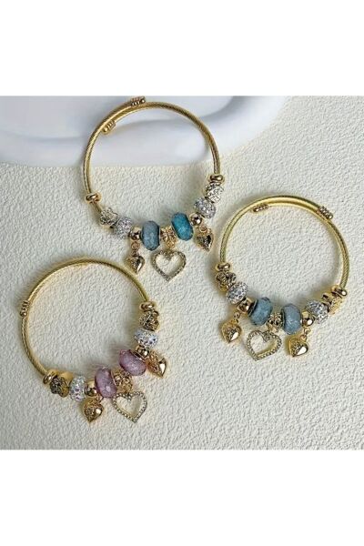 Moon Home Collection Love Heart Kalp Detaylı Altın Sarısı Zarif Paslanmaz Çelik Charm Kadın Bileklik Mavi Tek Ebat  Kadın / Kız