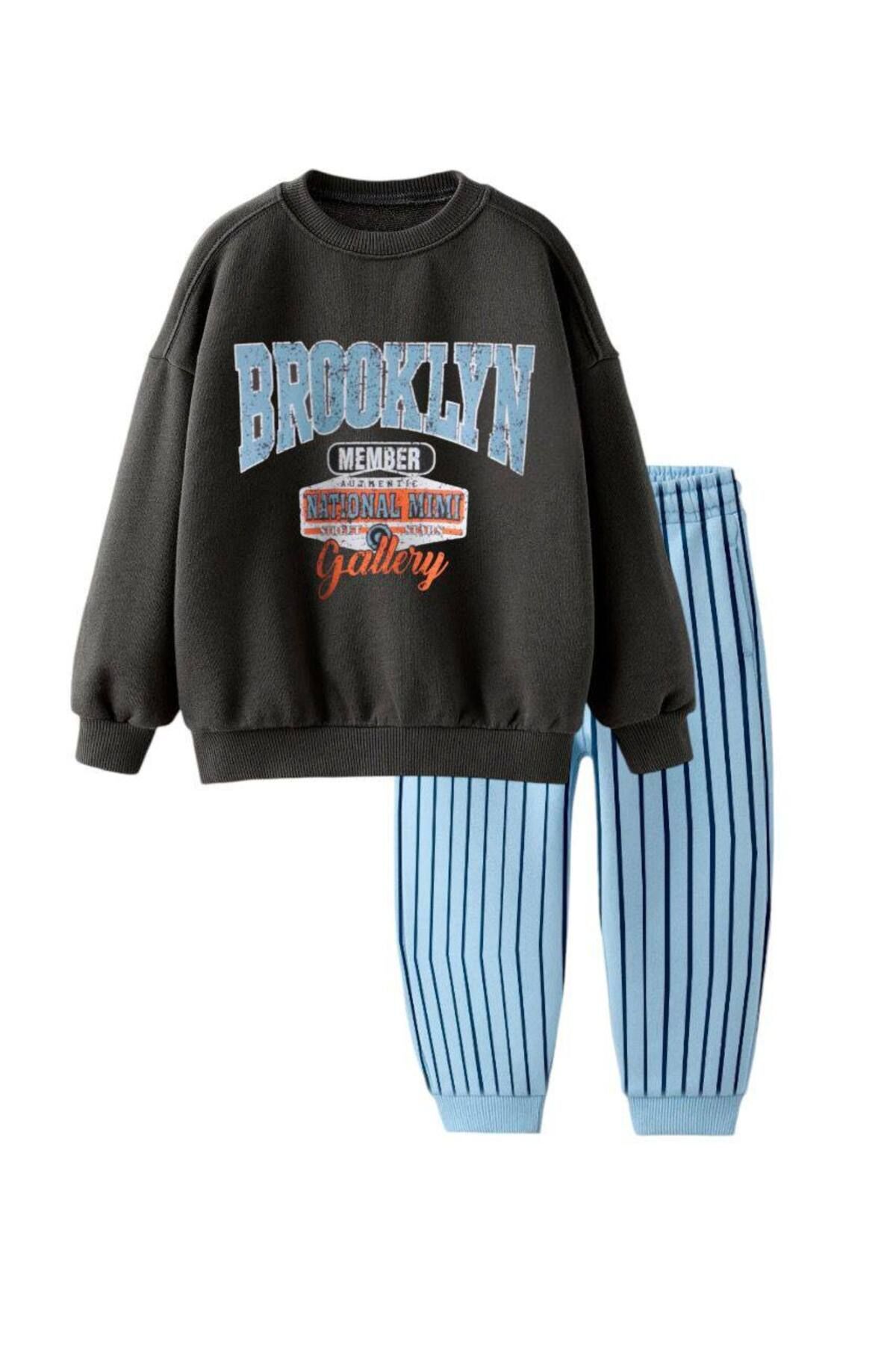 Erkek Çocuk Brooklyn Desenli Sloganlı Kışlık 3 I?plik Pamuklu Sweatshirt Eşofman Alt-üst Takım