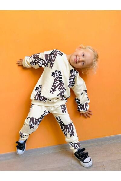 Erkek Çocuk Zebra Desenli Sloganlı Kışlık 3 İplik Pamuklu Sweatshirt Eşofman Alt-üst Takım