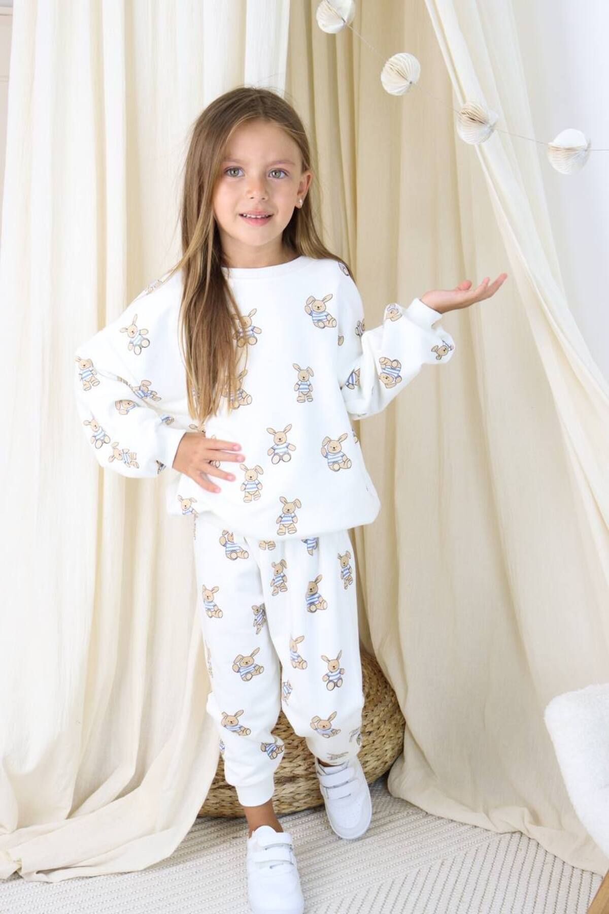 Unisex Çocuk Ayıcık Desenli Sloganlı Kışlık 3 İplik Pamuklu Sweatshirt Eşofman Alt-üst Takım