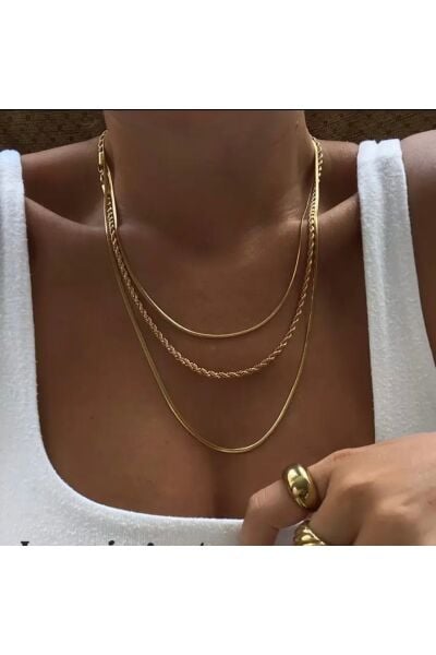 Vanilla Avenue Altın Sarısı Üç Katmanlı Burgu Zincir Minimalist Kadın Kolye Seti Sarı Tek Ebat  Kadın / Kız