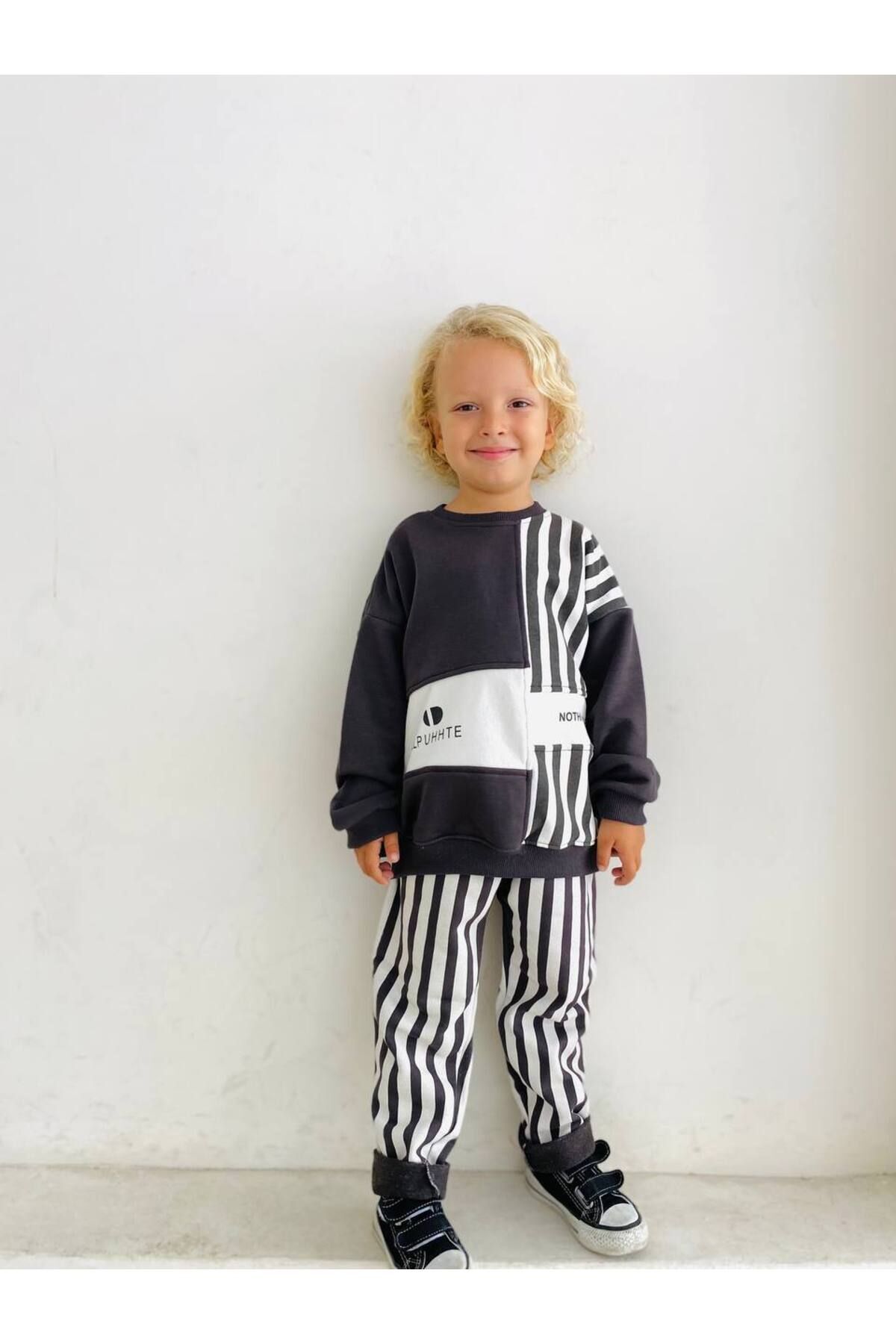 Unisex Çocuk Siyah Çizgili Sloganlı Kışlık 3 İplik Pamuklu Sweatshirt Eşofman Alt-üst Takım