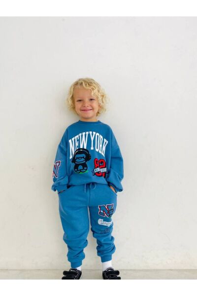 Erkek Çocuk New York Sloganlı Kışlık 3 İplik Pamuklu Sweatshirt Eşofman Alt-üst Takım