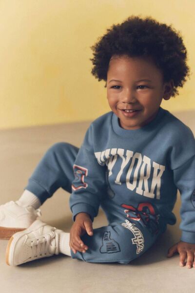 Erkek Çocuk New York Sloganlı Kışlık 3 İplik Pamuklu Sweatshirt Eşofman Alt-üst Takım