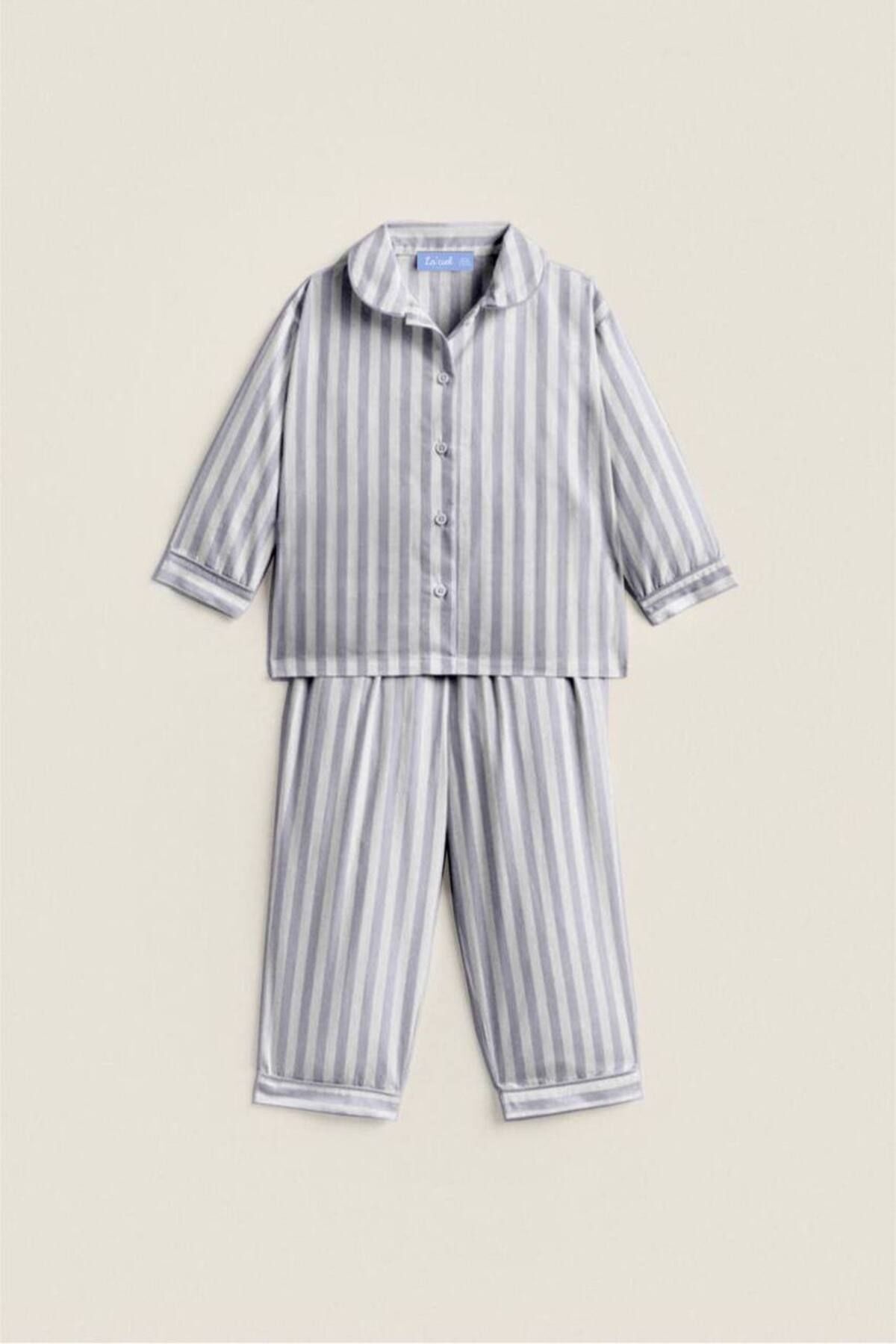 Unisex Çocuk Gri Çizgili Mevsimlik %100 Pamuklu Pijama Alt-üst Takım