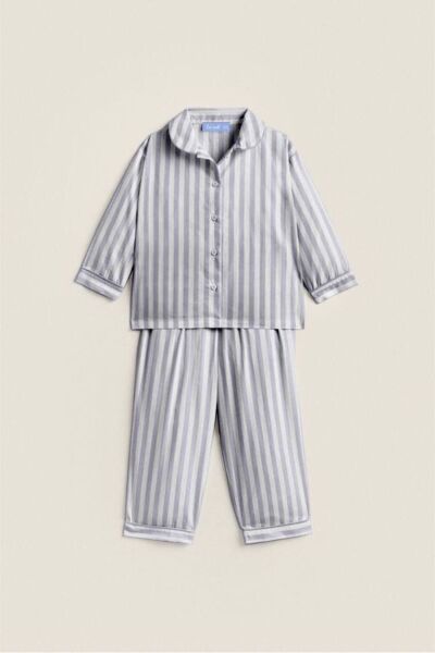 Unisex Çocuk Gri Çizgili Mevsimlik %100 Pamuklu Pijama Alt-üst Takım