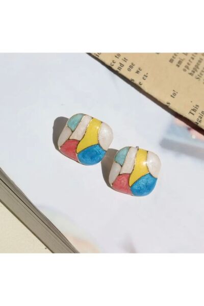Moon Home Collection Renkli Şık Vintage Esintili Kare Günlük Kullanım Kadın Küpe Çok Renkli Tek Ebat  Kadın / Kız