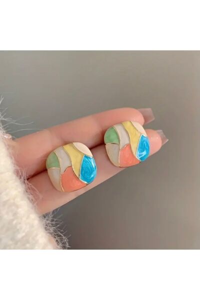 Moon Home Collection Renkli Şık Vintage Esintili Kare Günlük Kullanım Kadın Küpe Çok Renkli Tek Ebat  Kadın / Kız