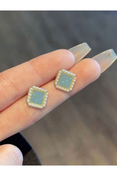 Moon Home Collection Mavi Kare İnci Detaylı Kadın Küpe