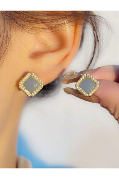 Moon Home Collection Mavi Kare İnci Detaylı Kadın Küpe