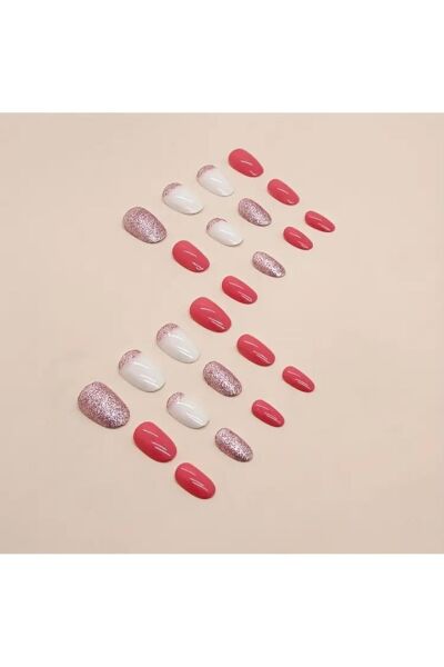 Vanilla Avenue Beyaz Gül Pembe Simli Kendinden Yapışkanlı Takma Tırnak 24 Adet Pembe