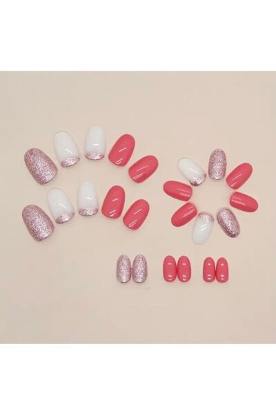 Vanilla Avenue Beyaz Gül Pembe Simli Kendinden Yapışkanlı Takma Tırnak 24 Adet Pembe