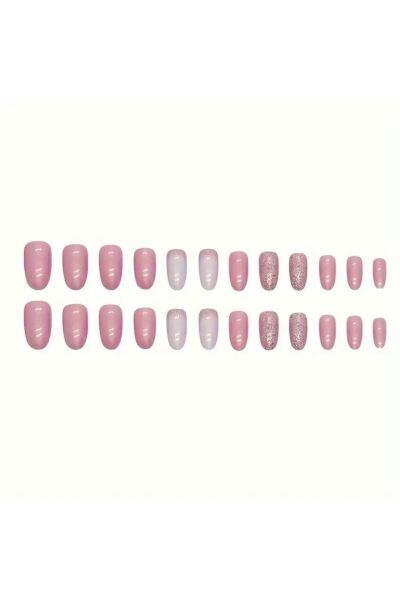 Vanilla Avenue Glossy Aurora Pink Badem Kesim Kendinden Yapışkanlı Takma Tırnak 24 Adet Pembe