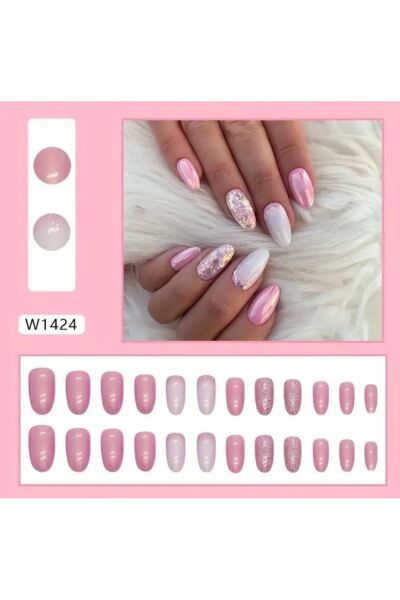 Vanilla Avenue Glossy Aurora Pink Badem Kesim Kendinden Yapışkanlı Takma Tırnak 24 Adet Pembe