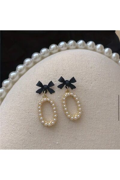 Moon Home Collection İncili Siyah Kurdele Detaylı Vintage Sallantılı Kadın Küpe