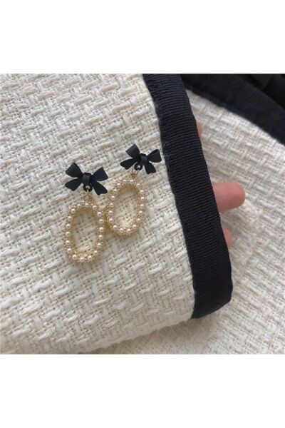Moon Home Collection İncili Siyah Kurdele Detaylı Vintage Sallantılı Kadın Küpe