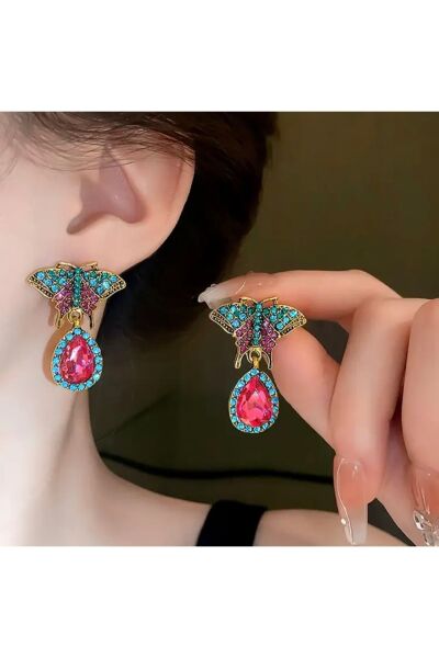 Moon Home Collection Şık Kelebek Şeklinde Turkuaz Damlalı Vintage Sallantılı Kadın Küpe