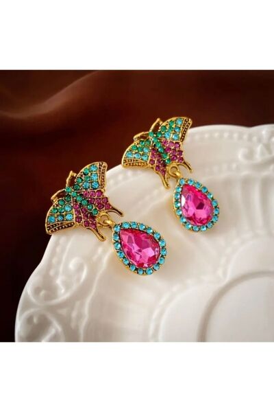 Moon Home Collection Şık Kelebek Şeklinde Turkuaz Damlalı Vintage Sallantılı Kadın Küpe