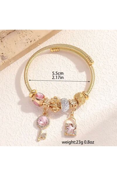 Moon Home Collection Pembe Zarif Paslanmaz Çelik Kalp Kilidi Detaylı Charm Kadın Bileklik Pembe Tek Ebat  Kadın / Kız