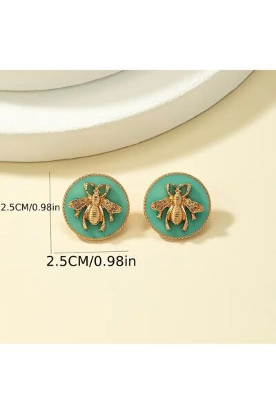 Moon Home Collection Yeşil Yuvarlak Altın Sarısı Arı Tasarımlı Zarif Vintage Kadın Küpe Yeşil Tek Ebat  Kadın / Kız