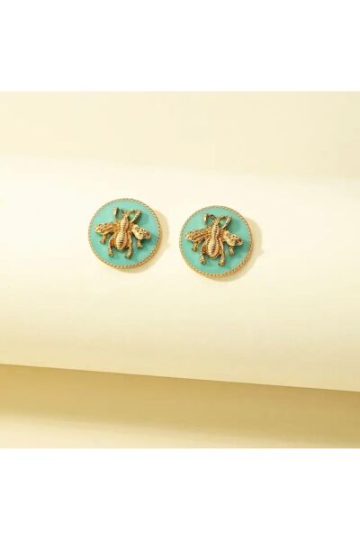 Moon Home Collection Yeşil Yuvarlak Altın Sarısı Arı Tasarımlı Zarif Vintage Kadın Küpe Yeşil Tek Ebat  Kadın / Kız