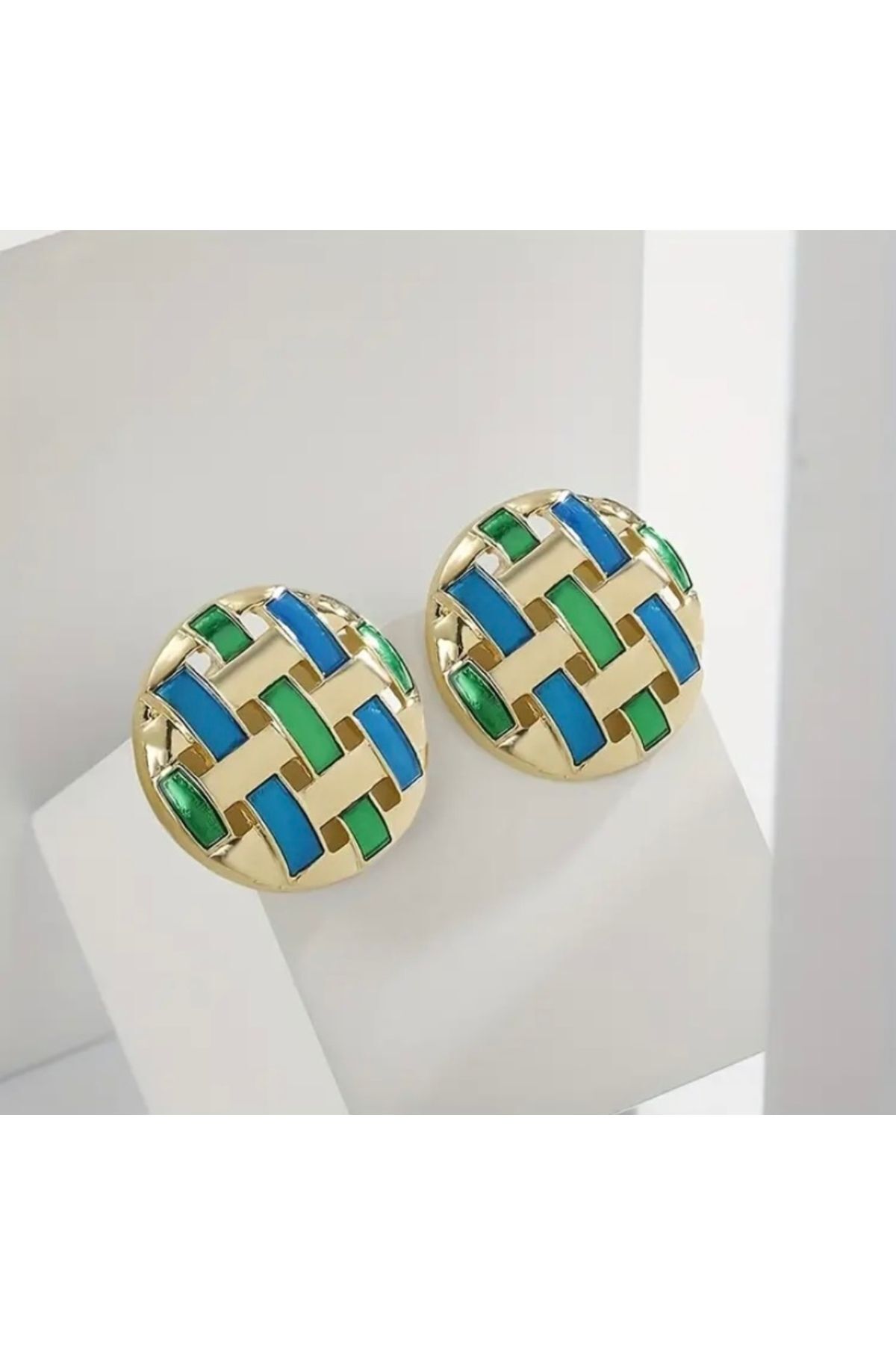 Moon Home Collection Mavi Yeşil Daire Şeklinde Retro Tarz Elegant Günlük Kadın Küpe