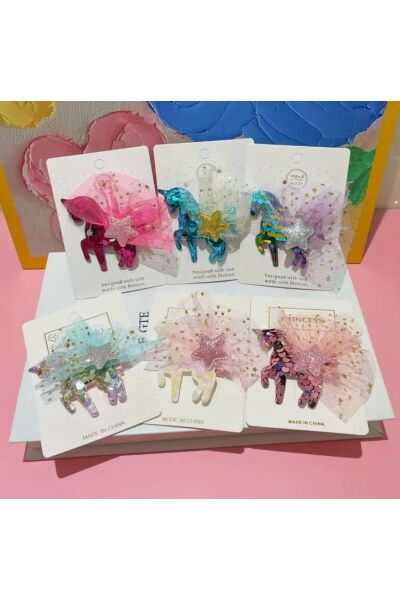 Moon Home Collection Pembe Parıltılı Unicorn Tül Detaylı Pony Rainbow Kız Çocuk Saç Tokası Pembe Tek Ebat  Kadın / Kız