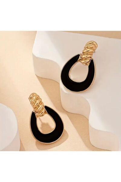 Moon Home Collection Siyah Damla Şeklinde Altın Sarısı Detaylı Sallantılı Damla Kadın Küpe