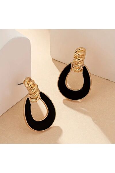 Moon Home Collection Siyah Damla Şeklinde Altın Sarısı Detaylı Sallantılı Damla Kadın Küpe