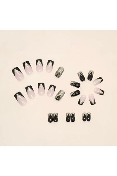 Vanilla Avenue Siyah Parıltılı Işıltılı Ombre Kendinden Yapışkanlı Takma Tırnak 24 Adet