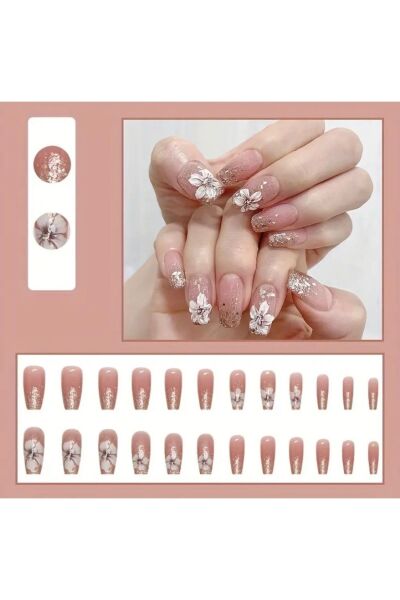 Vanilla Avenue Pembe Çiçek Dekorlu Kendinden Yapışkanlı Takma Tırnak 24 Adet