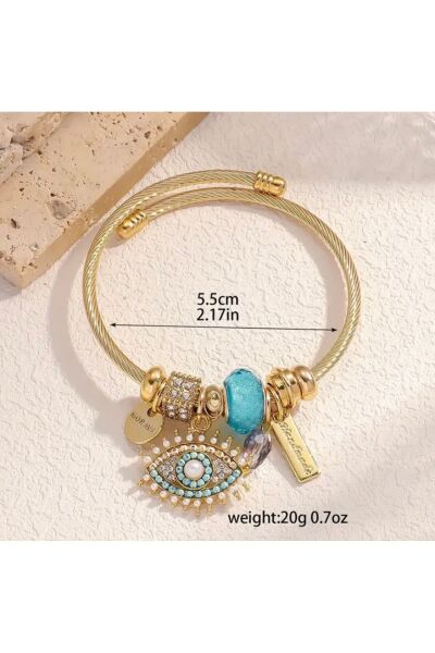Moon Home Collection Bohem Tarzı Altın Pirinç Parlak Mavi Taş Göz Detaylı Charm Kadın Bileklik Mavi Tek Ebat  Kadın / Kız