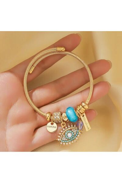 Moon Home Collection Bohem Tarzı Altın Pirinç Parlak Mavi Taş Göz Detaylı Charm Kadın Bileklik Mavi Tek Ebat  Kadın / Kız