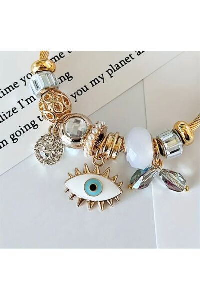 Moon Home Collection Etnik Parlak Beyaz Taş Göz Detaylı Charm Kadın Bileklik Beyaz Tek Ebat  Kadın / Kız