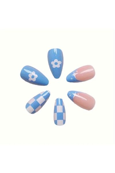 Vanilla Avenue Badem Mavi Damalı Kendinden Yapışkanlı Takma Tırnak 24 Adet