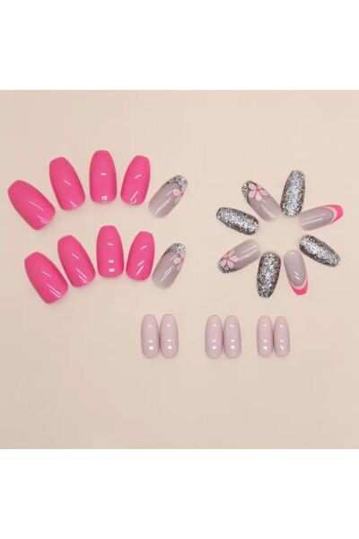 Vanilla Avenue Pembe Parlak Işıltılı Çiçek Detaylı Kendinden Yapışkanlı Takma Tırnak 24 Adet